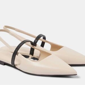 Brunello Cucinelli Beige Pointed Slingback Mules with Black Strap